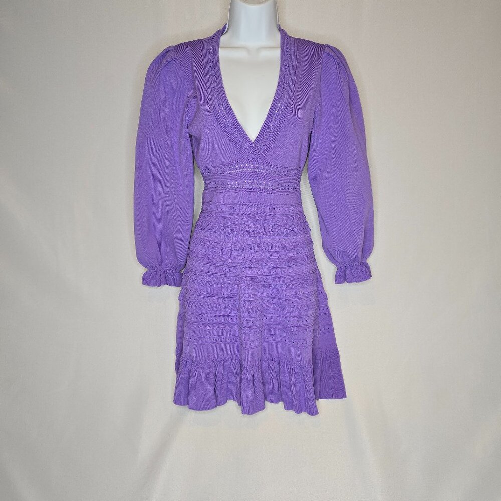 Sandro Ombre Balloon-sleeved V-neck Stretch-knit Mini Dress in Violet, NWT